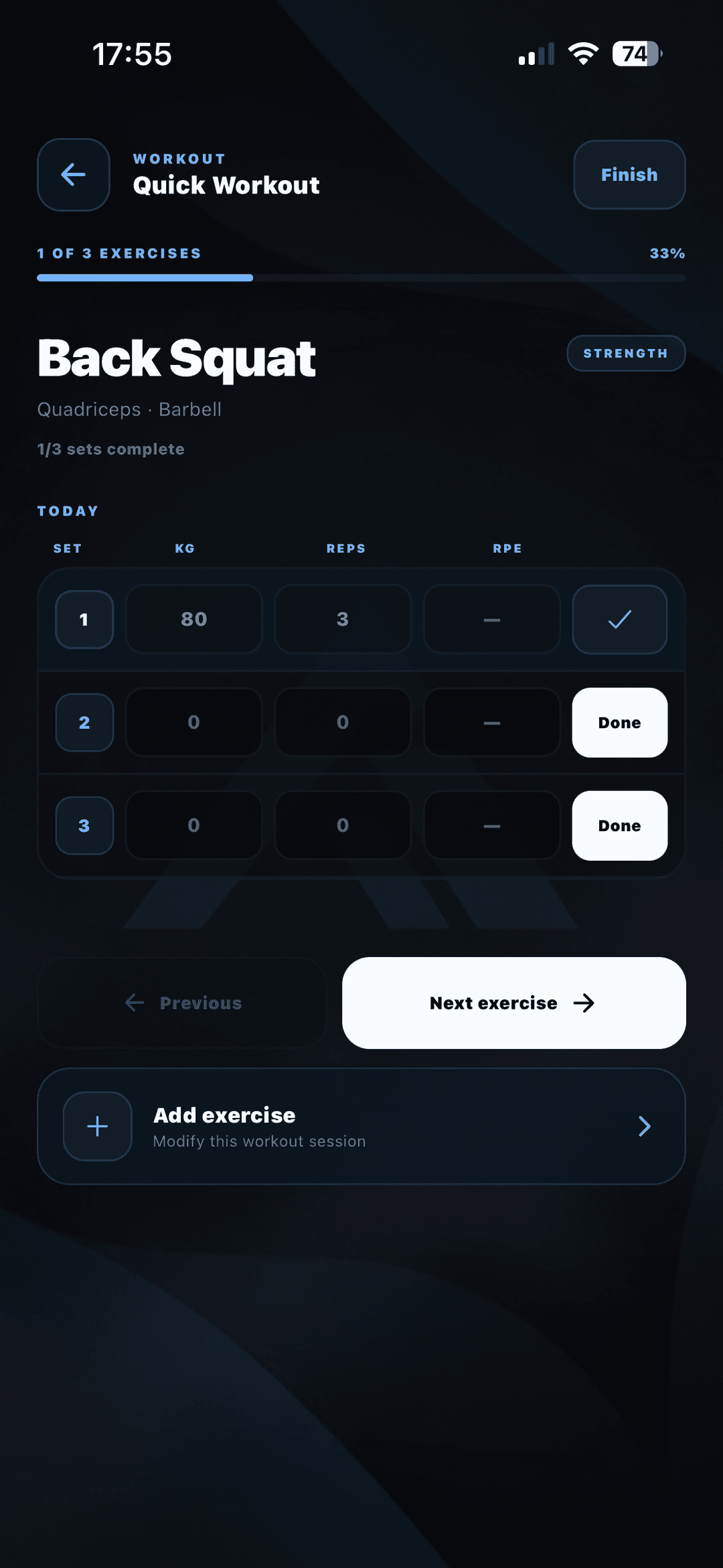 Ascent workout screen