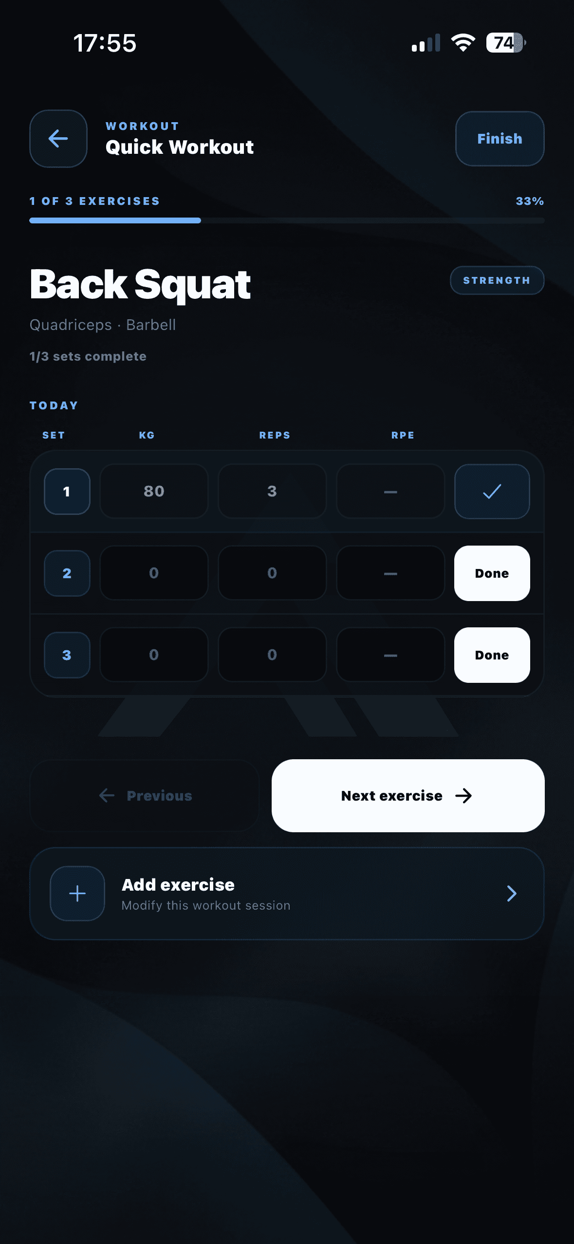 Ascent workout screen