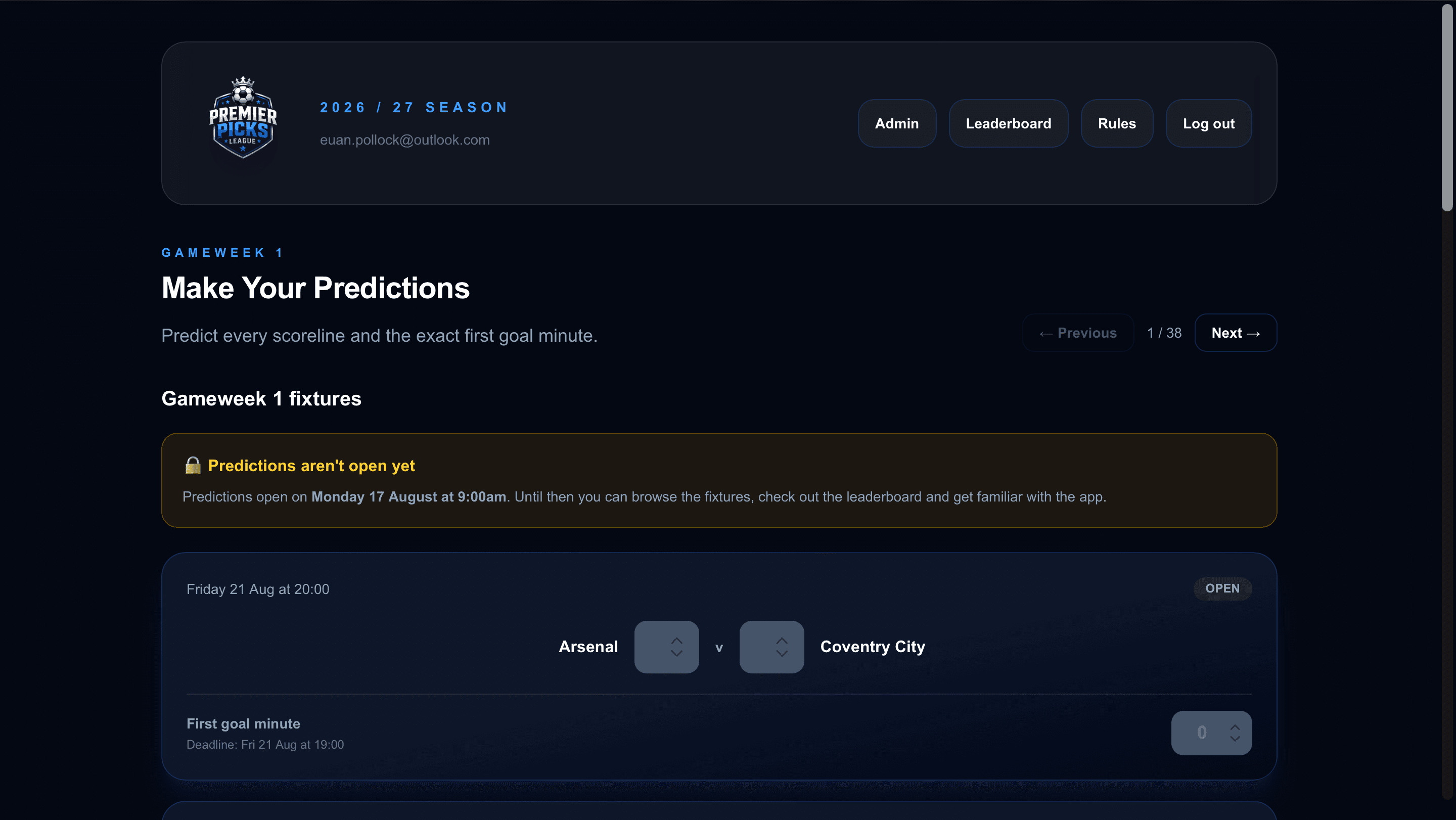 Premier Picks prediction dashboard